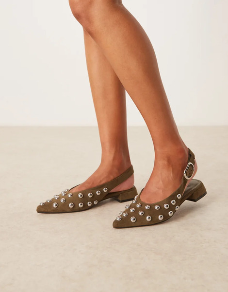 Asos Design Leonora Studded Slingback Ballets In Olive Suedette Green 