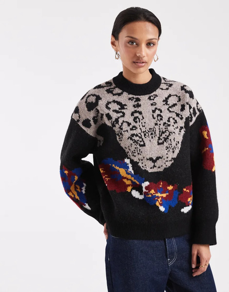  Asos Design Leopard Floral Jumper In Black 