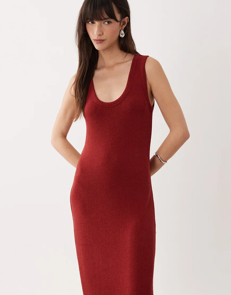  Asos Design Lightweight Boucle Scoop Maxi Dress In Rust Brown 