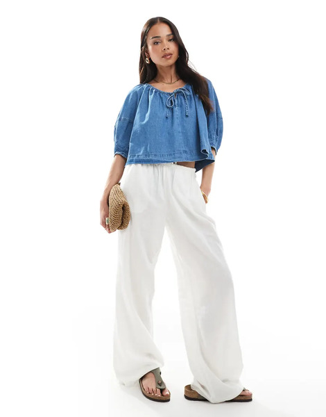  Asos Design Lightweight Denim Top With Tie Front In Mid Blue 