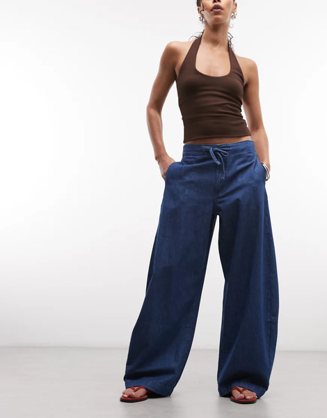  Asos Design Lightweight Pull On Barrel Trouser In Darkwash Blue 