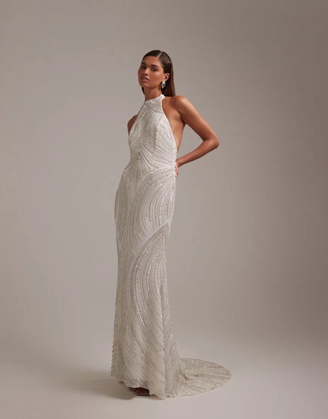  Asos Design Linear Beaded Open Back Halter Maxi Wedding Dress In White 