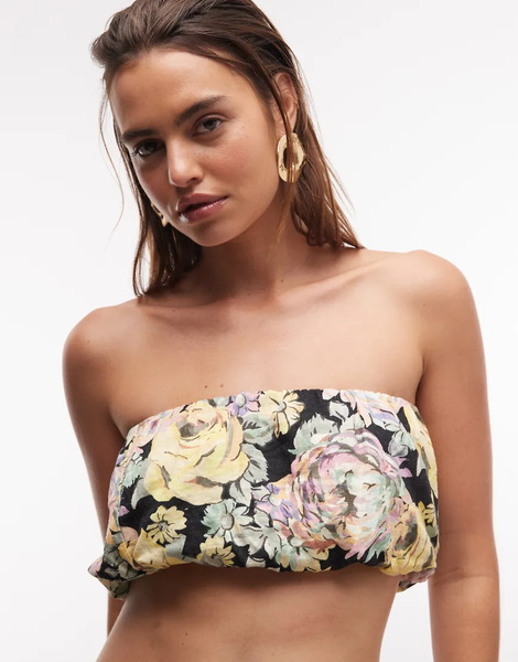  Asos Design Linen Blend Bubble Top In Black Floral Co Ord Multi 
