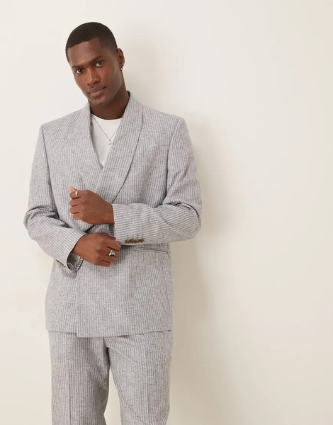  Asos Design Linen Blend Double Breasted Regular Suit Jacket In Blue Stripe 