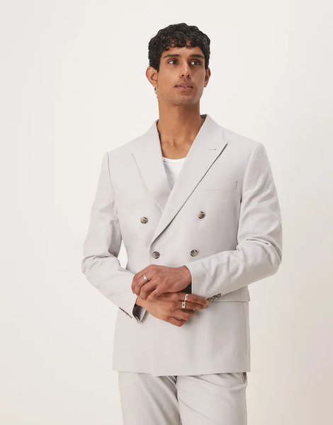  Asos Design Linen Blend Double Breasted Regular Suit Jacket In Pebble Grey 