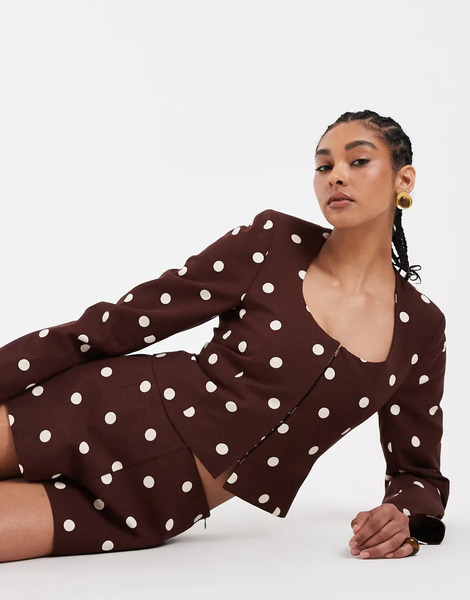  Asos Design Linen Blend Round Neck Blazer In Brown Polka Dot Multi 