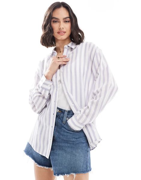  Asos Design Linen Blend Shirt In Blue & White Stripe Multi 