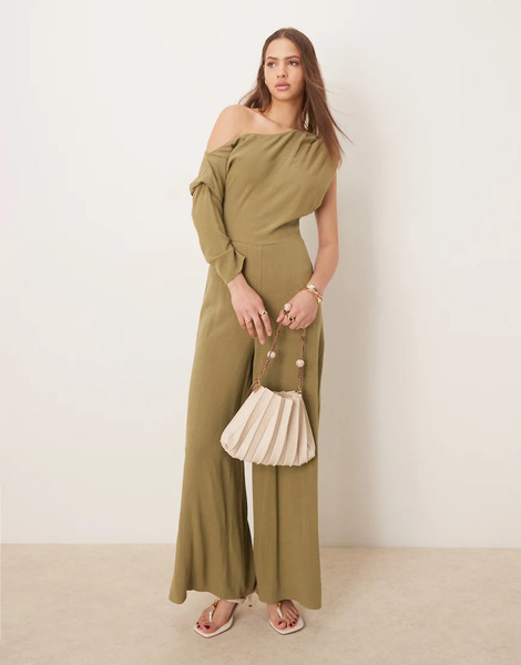  Asos Design Linen Fallen Shoulder Jumpsuit In Khaki Green 
