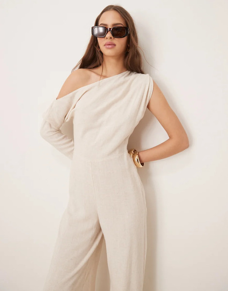  Asos Design Linen Fallen Shoulder Jumpsuit In Oat Neutral 