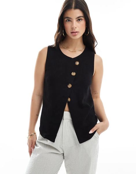  Asos Design Linen Look Asymmetric Button Front Waistcoat In Black 