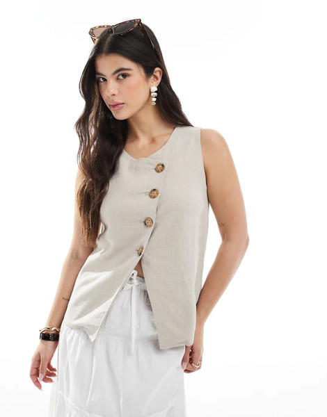  Asos Design Linen Look Asymmetric Button Front Waistcoat In Stone Neutral 