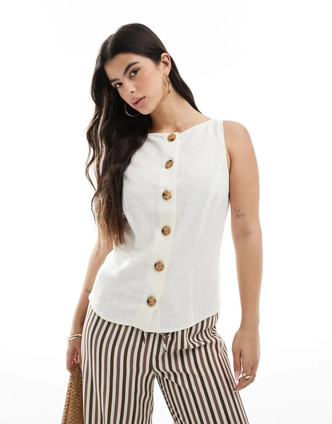  Asos Design Linen Look Button Front Waistcoat In White Neutral 
