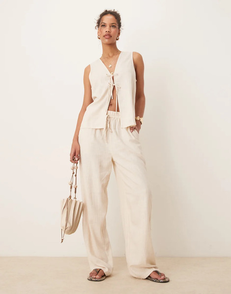  Asos Design Linen Look Pull On Trousers In Stone Neutral 