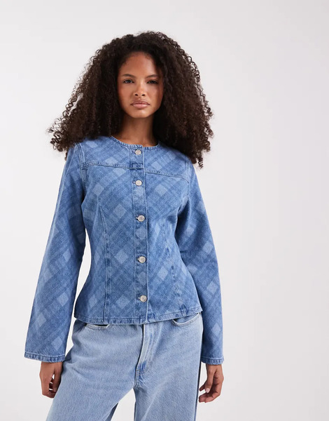  Asos Design Long Sleeve Denim Jacket In Laser Check Print Blue 