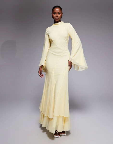  Asos Design Long Sleeve High Neck Maxi Dress With Ruffle Godets And Flute Sleeves In Buttermilk Multi 