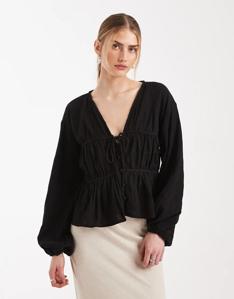  Asos Design Long Sleeve Smock Top With Button Front In Black 