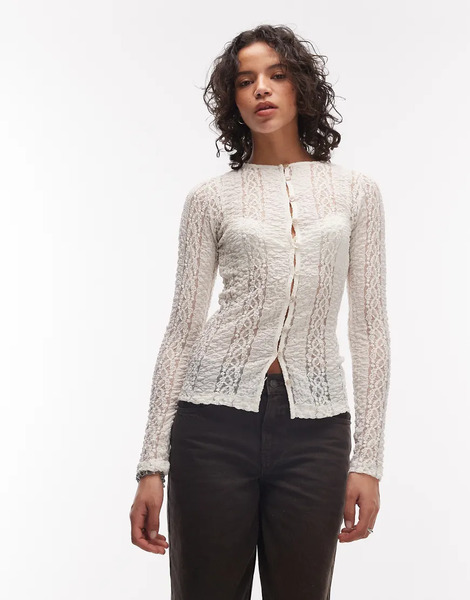  Asos Design Long Sleeve Textured Fabric Cardigan Top In White 