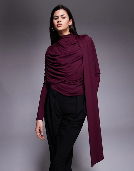  Asos Design Long Sleeve Top With Drape Over Scarf In Plum Purple 