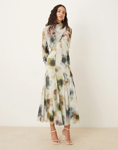  Asos Design Long Sleeve Wrap Over Top Dress With Godet Full Skirt And Low Back In Watercolour Blurred Floral Print Multi 
