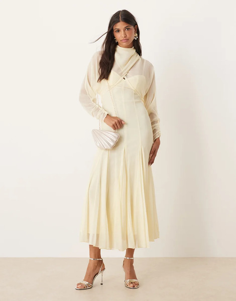  Asos Design Long Sleeve Wrap Over Top Dress With Godet Full Skirt And Low Back Midi Dress In Buttermilk Yellow 
