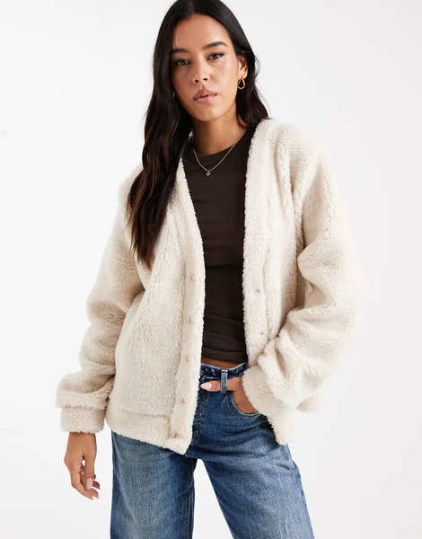  Asos Design Longline Borg Fleece Oversized Cardigan In Cream White 