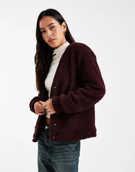  Asos Design Longline Borg Fleece Oversized Cardigan In Fig Multi 