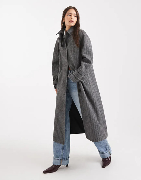  Asos Design Longline Car Coat In Herringbone Black 