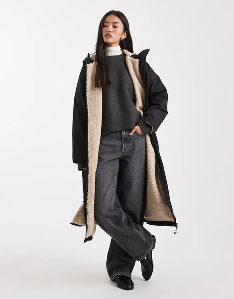  Asos Design Longline Fleece Lined Rain Coat In Black 