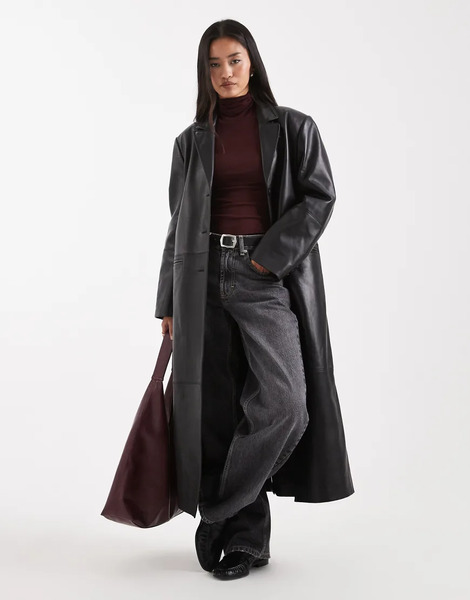  Asos Design Longline Real Leather Dad Coat In Black 