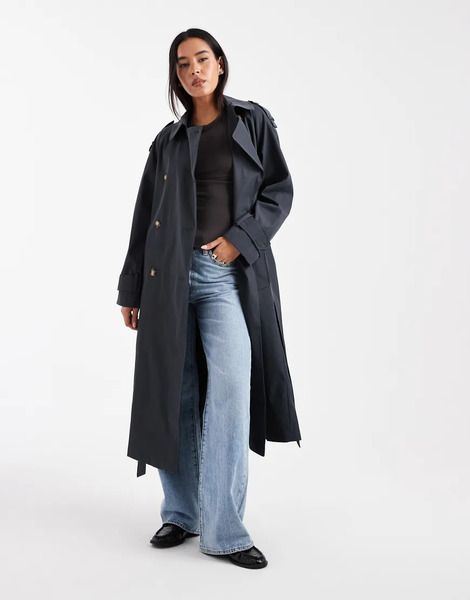  Asos Design Longline Trench Coat In Navy 