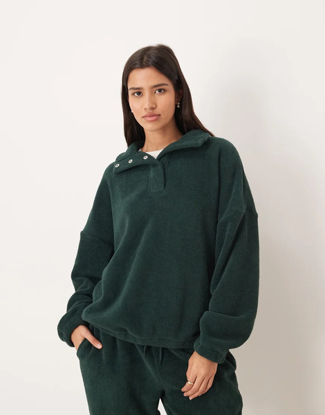  Asos Design Lounge Microfleece Oversized Collar Sweat In Forest Green 