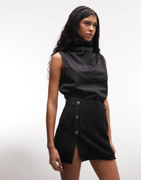  Asos Design Low Rise Mini Boucle Skirt In Black 
