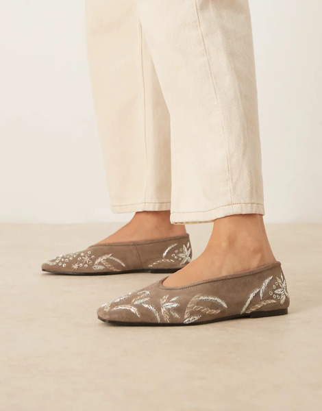  Asos Design Lupin Premium Embroided Chisel Toe Ballets In Olive Green 