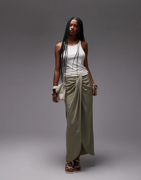 Asos Design Lyocell Drape Front Maxi Skirt In Olive Green 
