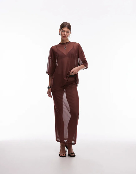  Asos Design Maxi Sheer Mesh Skirt In Brown 