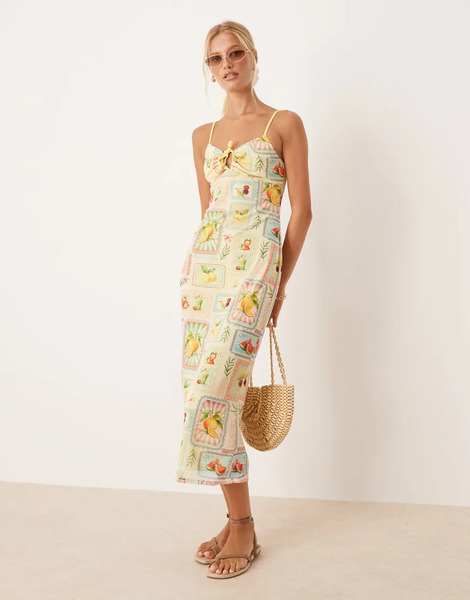  Asos Design Mesh Cami Drawstring Front Midi Dress In Fruit Print Multi 