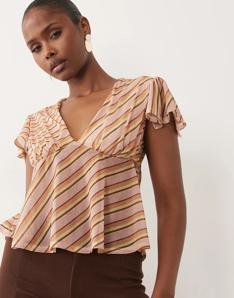  Asos Design Mesh Flutter Sleeve Top In Stripe Multi 