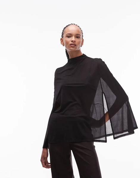  Asos Design Mesh High Neck Longline Cape Top In Black 