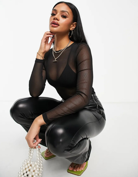  Asos Design Mesh Long Sleeve Bodysuit In Black 