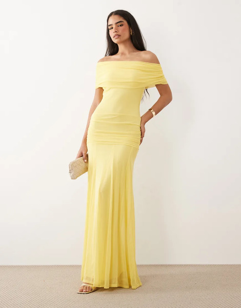  Asos Design Mesh Off Shoulder Cinched Dropped Waist Maxi Dress With High Godet Detail In Lemon Yellow 