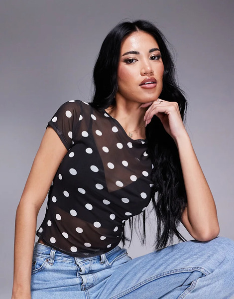  Asos Design Mesh Polka Dot Print Baby Tee In Black Multi 