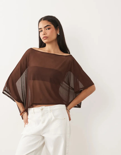  Asos Design Mesh Sheer Cape Top In Chocolate Brown 