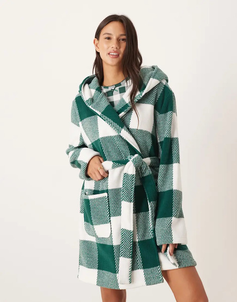  Asos Design Microfleece Mini Robe In Gingham Print Multi 
