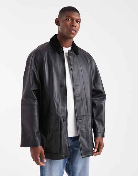  Asos Design Mid Length Coach Jacket In Real Leather In Black 