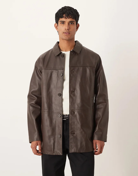  Asos Design Mid Length Leather Shacket In Brown 