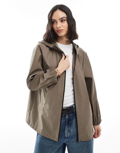  Asos Design Mid Length Rubberised Rain Jacket In Mushroom Neutral 