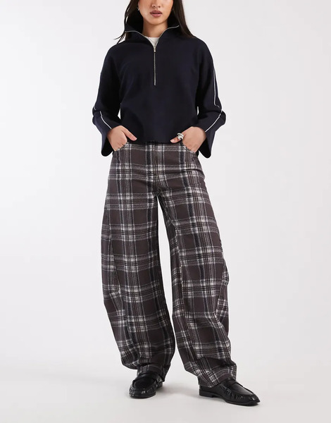  Asos Design Mid Rise Barrel Jean In Check Print Multi 