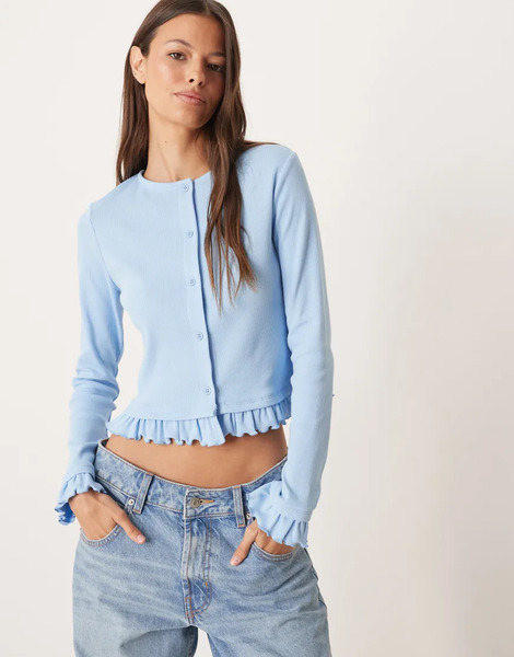  Asos Design Mini Rib Frill Hem Button Through Top In Blue 