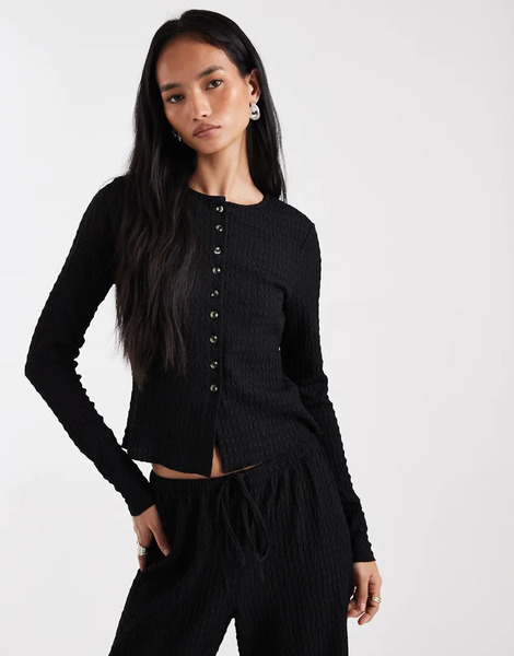  Asos Design Mix & Match Textured Long Sleeve Button Down Top In Black 
