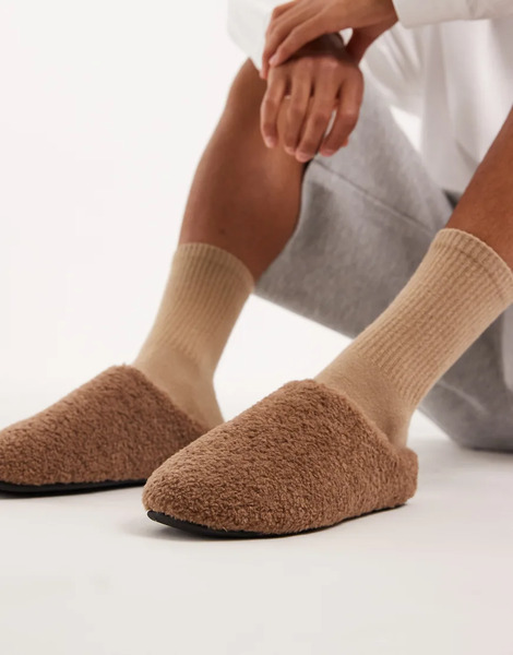  Asos Design Mule Slippers In Tan Borg Brown 
